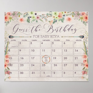 Boho förfallodatum Kalender - signera babyvisnings Poster