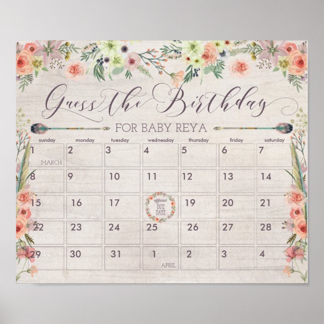 Boho förfallodatum Kalender - signera babyvisnings Poster (Framsidan)