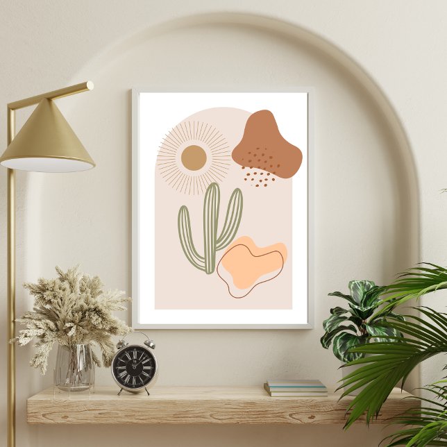 Boho-former Abstrakt Beige Terrakotta Sol Cactus Poster (Boho Abstract Shapes Cactus Sun, Beige Brown Peach Terracotta Wall art poster print)