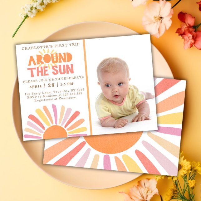 Boho första Resa runt Sol:s första födelsemoto Inbjudningar (Boho First Trip Around The Sun 1st Birthday Photo Invitation)