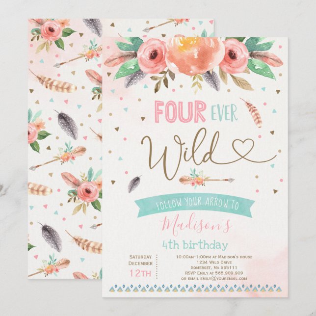 Boho Four Ever Wild Födelsedagsinbjudan Vattenfärg Inbjudningar (Fram/baksida)