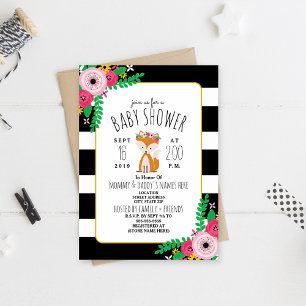 Boho Fox Black + White Rand Baby Shower Inbjudan