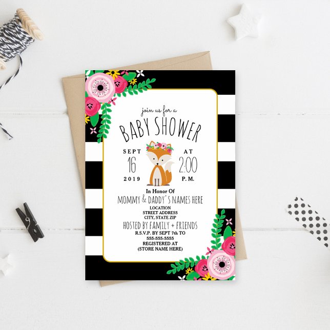 Boho Fox Black + White Rand Baby Shower Inbjudan (Skapare uppladdad)