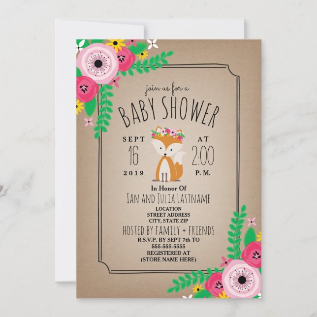 Boho Fox Cardstock Inpired Rand Baby Shower Inbjudningar (Framsida)