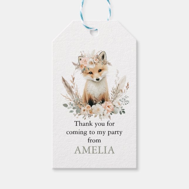 Boho Fox Flicka 1-årsdag Favor Tillval  Presentetikett (Framsidan)