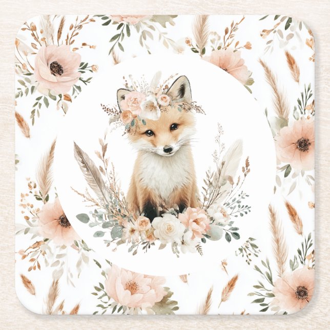 Boho Fox Girl Woodland Party Underlägg Papper Kvadrat (Framsidan)