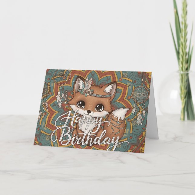 Boho Fox Happy Birthday Card  Kort (Framsida)