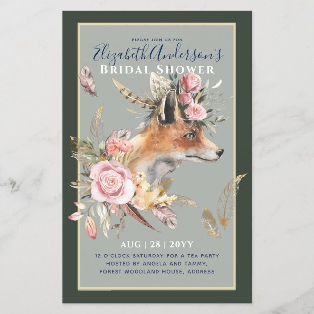 Boho FOX Möhippa Woodland Feathers Blommigt Flygblad (Framsidan)