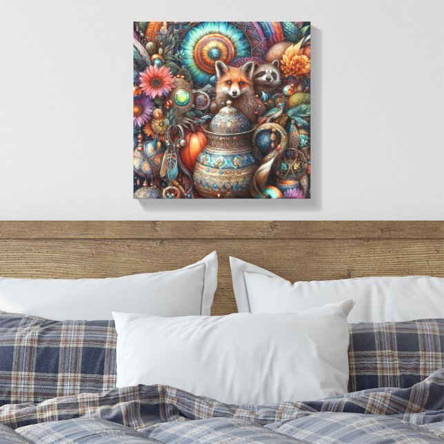 Boho Fox Raccoon Blommigt Design Canvastryck (Insitu (sovrum))