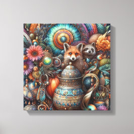 Boho Fox Raccoon Blommigt Design Canvastryck