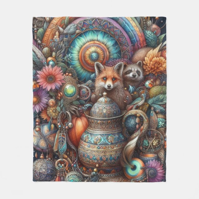 Boho Fox Raccoon Blommigt Design Fleecefilt (Framsidan)