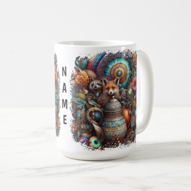 Boho Fox Raccoon Blommigt Design Kaffemugg (Framsida höger)