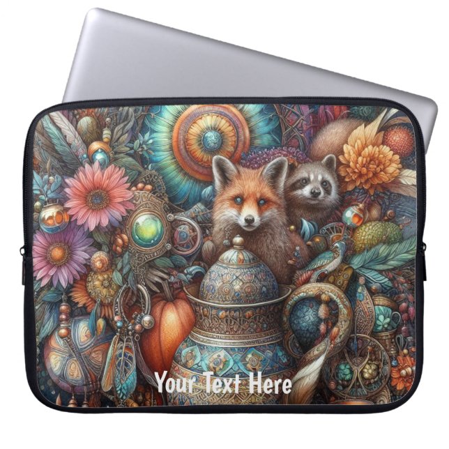 Boho Fox Raccoon Blommigt Design Laptop Fodral (Framsidan)