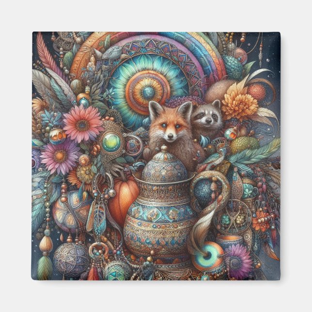 Boho Fox Raccoon Blommigt Design Magnet (Framsidan)