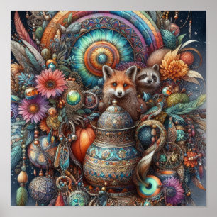 Boho Fox Raccoon Blommigt Design Poster