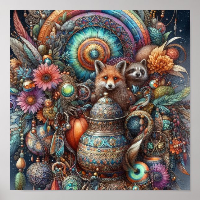 Boho Fox Raccoon Blommigt Design Poster (Framsidan)