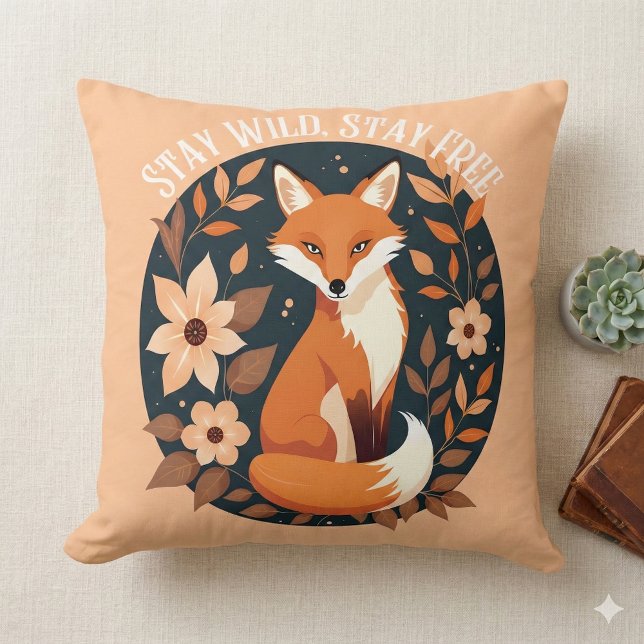 Boho Fox "Stanna Vild, Stanna Fri" Skogsdesign Kudde (Boho Fox Stay Wild, Stay Free Woodland Design Throw Pillow Mockup A)