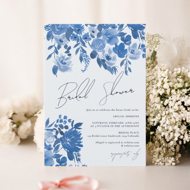 Boho fransk blue hand målad blommigt möhippa inbjudningar (Boho french blue hand painted floral bridal shower invitation)