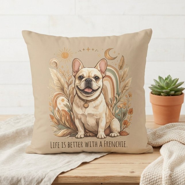 Boho fransk bulldog Sol och måne Kudde (A boho Frenchie accent for a dog lover's home decor, perfect for a cozy birthday gift.)
