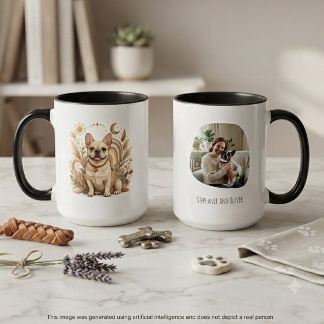 Boho fransk bulldogg-mamma konst mugg (A whimsical French Bulldog illustration on a mug, a heartfelt gift for a dog mom’s birthday.)