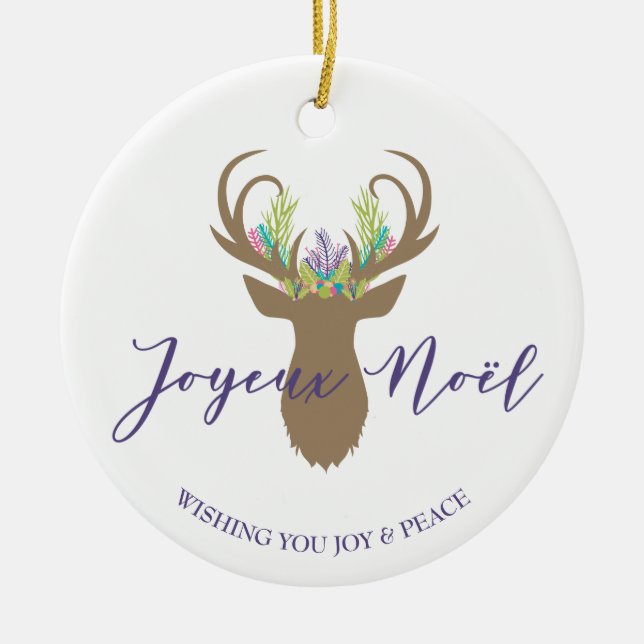 Boho Fransk jul Reindeer Joyeaux Noel Photo Julgransprydnad Keramik (Framsidan)