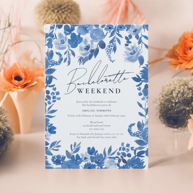 Boho franskblå handmålad möhippa helg inbjudningar (Boho French blue hand painted bachelorette weekend Invitation)