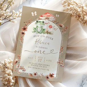 Boho Frog och Mushroom Birthday Wildblomma Inbjudningar