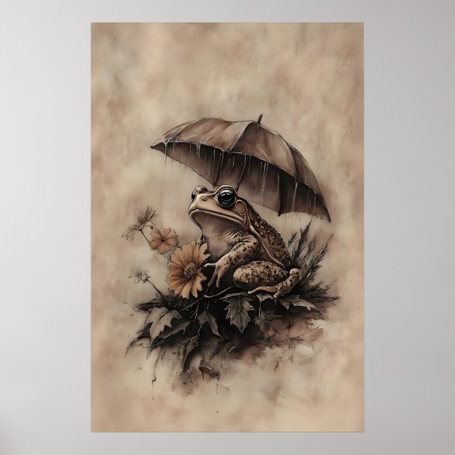 Boho Frog Under Umbrella With Fall Flowers Print Poster (Framsidan)
