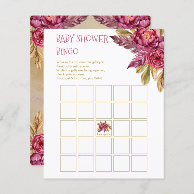 Boho Fuchsia Peony Blooms Baby Shower Bingo Card (Fram/baksida)