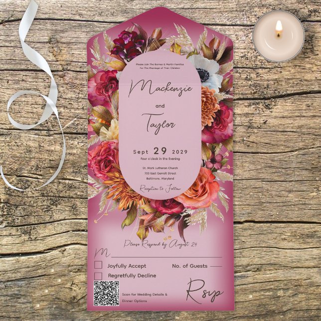 Boho Fuchsia Rosa Modern Blommig Krans QR-kod (Skapare uppladdad)
