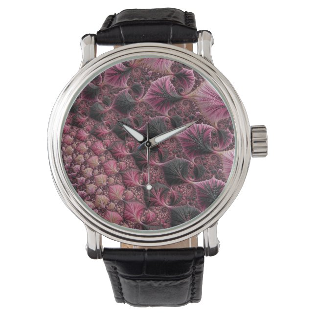 Boho Funky Eclectic Rosa Black Abstrakt Fractal Armbandsur (Framsida)