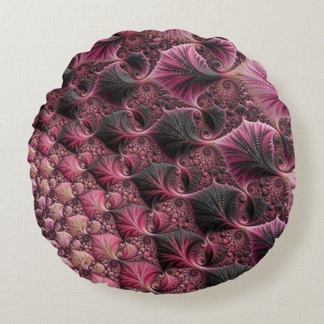 Boho Funky Eclectic Rosa Black Abstrakt Fractal Rund Kudde (Framsidan)