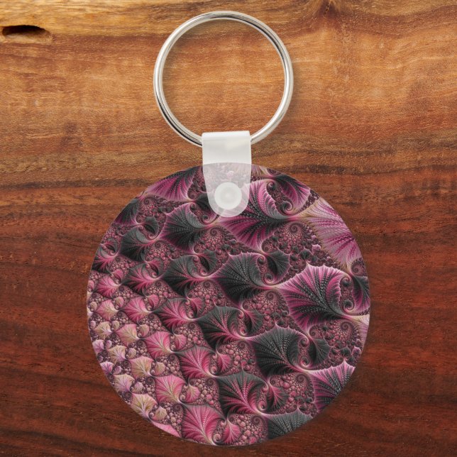 Boho Funky Eklektisk Rosa Svart Abstrakt Fraktal Nyckelring (Framsida)