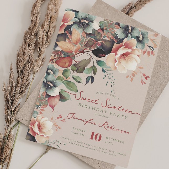 Boho Garden Blommigt Sweet 16 Birthday Champagne Inbjudningar (Boho Garden Floral Sweet 16 Birthday Champagne Invitation)