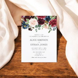 Boho Garden Burgundy Blue Blommigt Bröllop Inbjudan Vykort