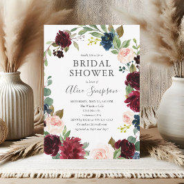 Boho Garden Burgundy Blue Blommigt Möhippa Inbjudningar