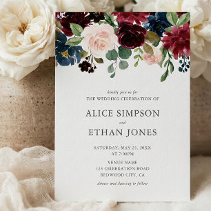 Boho Garden Burgundy Blue Fall Wedding Inbjudningar