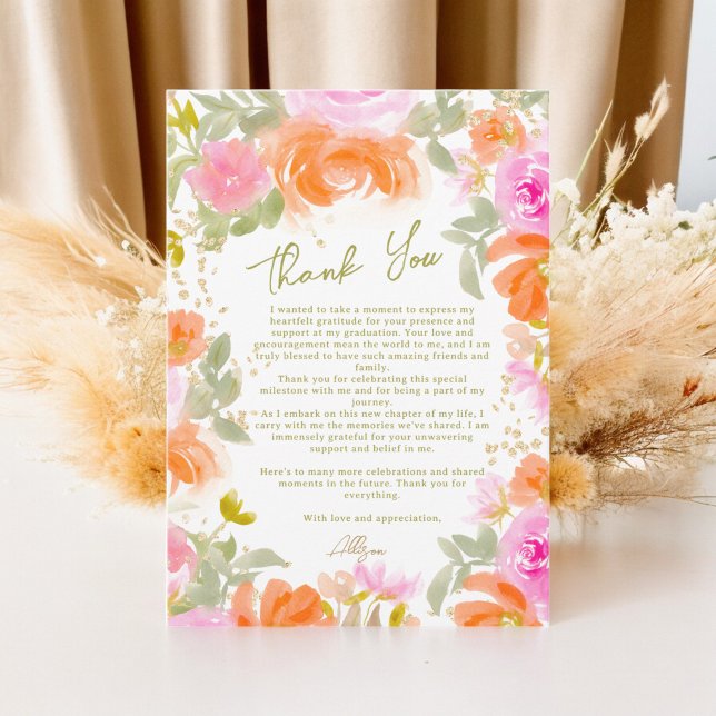 Boho Garden orange vismblommor studenten Tack Kort (Boho Garden orange wildflowers graduation Thank You Card)