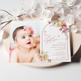 Boho Garden Ro Flowers Photo Girl Baptism Inbjudningar
