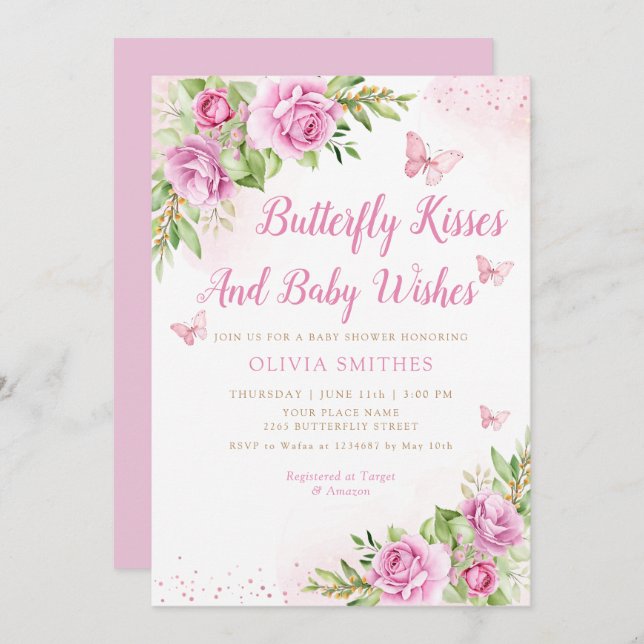 Boho Garden Rosa Butterfly Kisses Girl Baby Shower Inbjudningar (Fram/baksida)