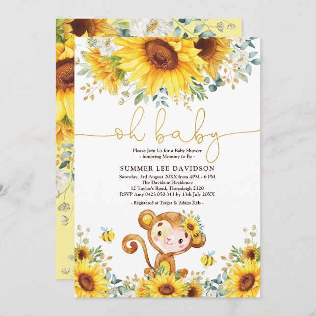 Boho Garden Sunblommor Jungle Monkey Baby Shower Inbjudningar (Fram/baksida)