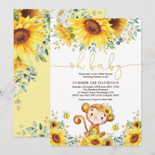 Boho Garden Sunblommor Jungle Monkey Baby Shower Inbjudningar