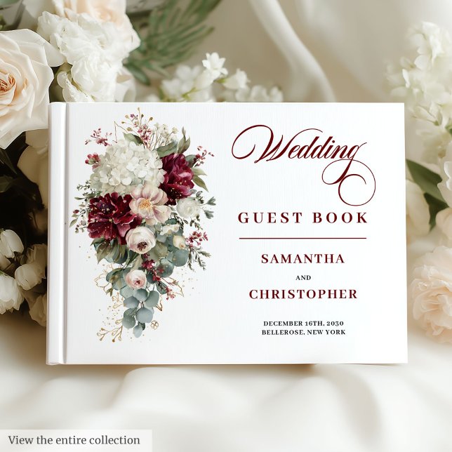 Boho,  gästen bok i bröllop vid blommigten guld (Boho deep red blush gold floral wedding guest book

)
