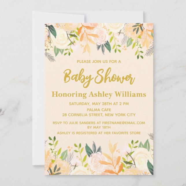 Boho Gender Neutral Baby Shower Ivory Guld Blommig Inbjudningar (Framsida)