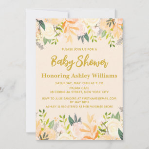Boho Gender Neutral Baby Shower Ivory Guld Blommig Inbjudningar