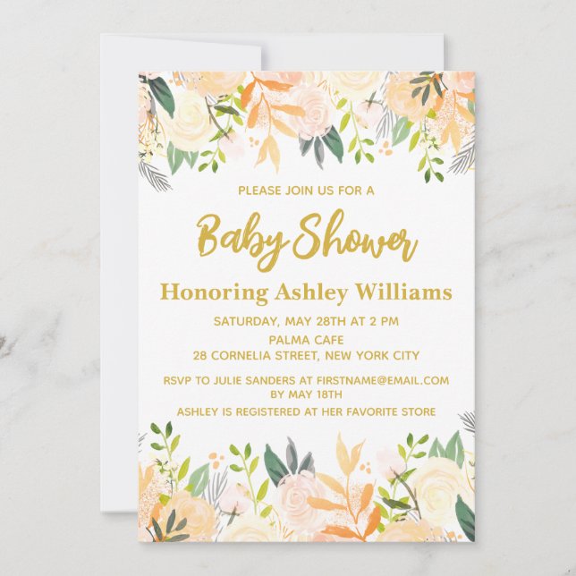Boho Gender Neutral Baby Shower White Guld Blommig Inbjudningar (Framsida)