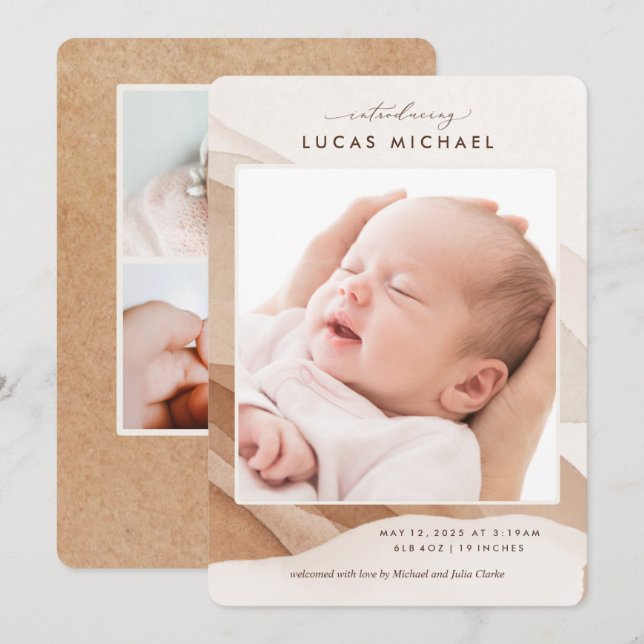 Boho Gender Neutral Beige Watercolor Announement Inbjudningar (Fram/baksida)