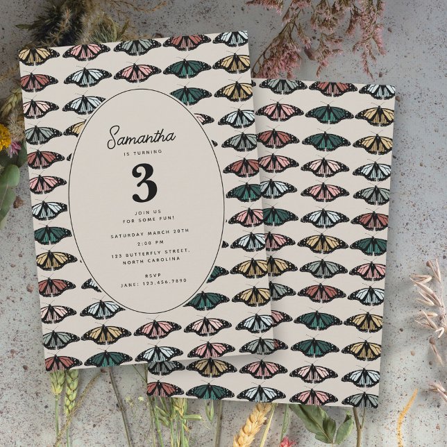 Boho Gender Neutral Butterflies Födelsedagsfest Inbjudningar (Boho Gender Neutral Butterflies Birthday Party Invitation)