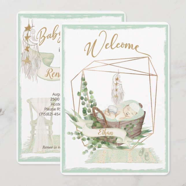 Boho Gender Neutral Watercolor Baby Shower Inbjudningar (Fram/baksida)