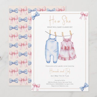 Boho Gender Reveal He or She Clothes Line Inbjudningar